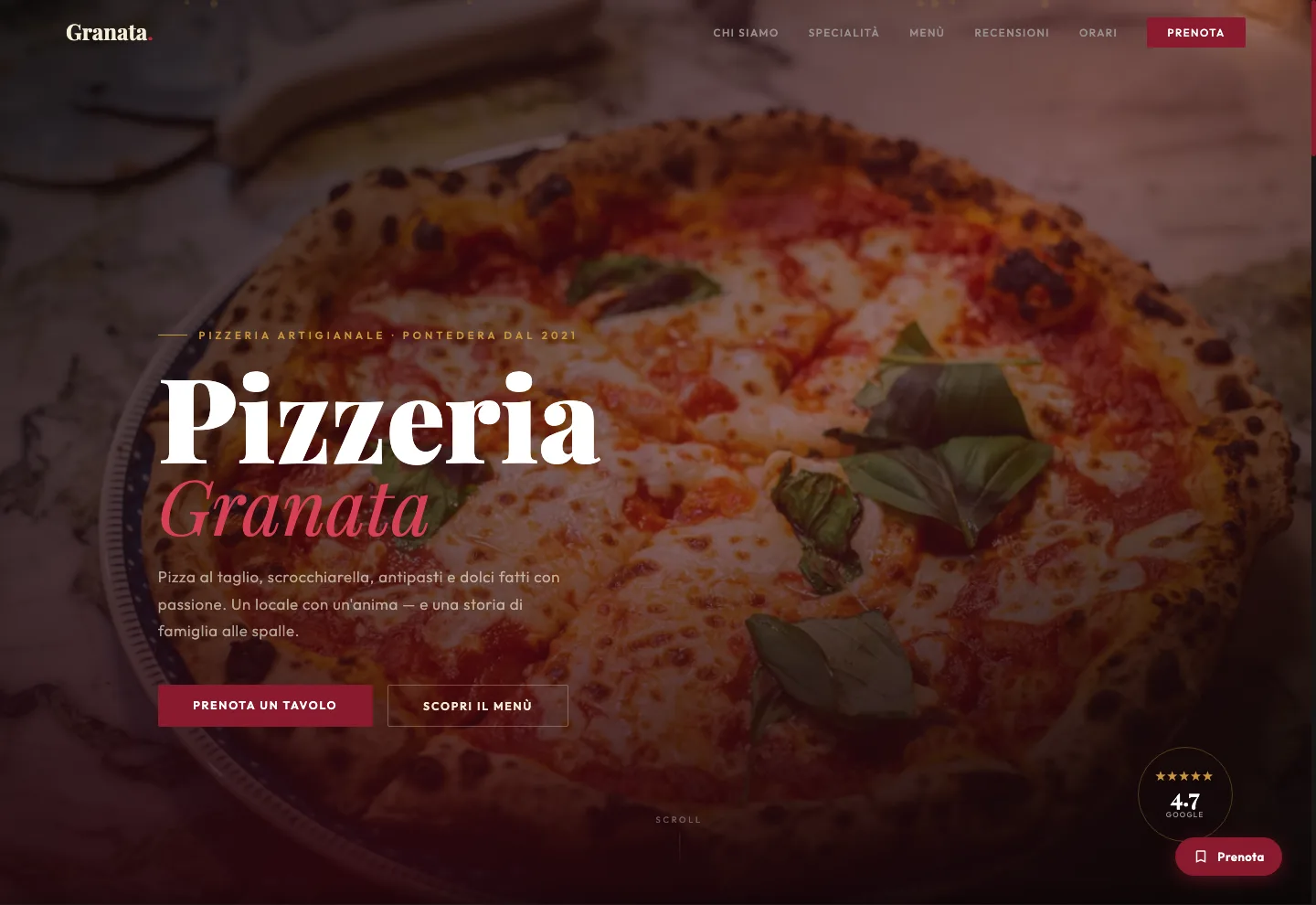Screenshot desktop del sito Pizzeria Granata